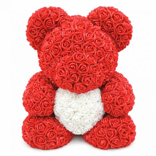 Мишка из роз красный с белым сердцем (40 см)