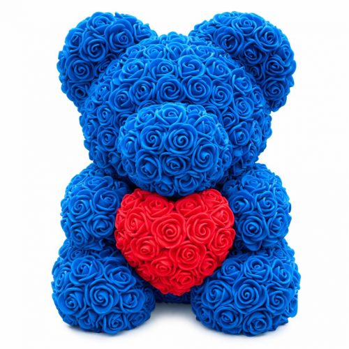 Мишка из роз синий с красным сердцем (40 см)