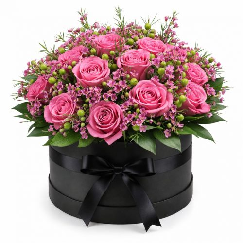 Цветы в шляпной коробке «Розовый фейерверк»