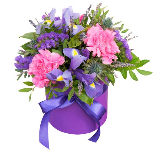 Цветы в шляпной коробке «Лавандовый шарм»